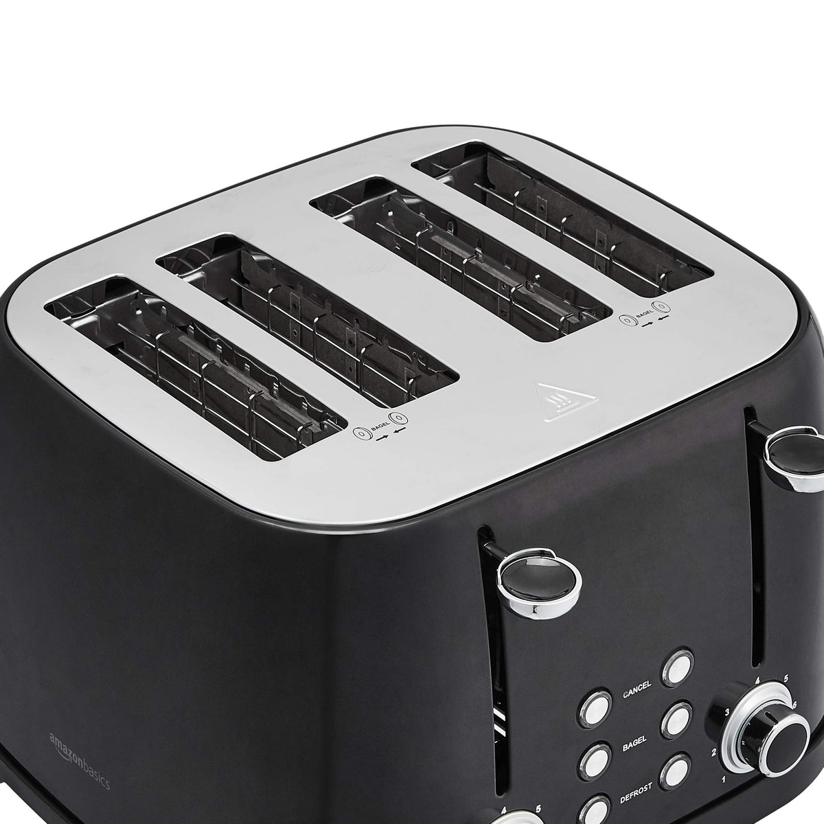 Amazon Basics 4-Slot Toaster control panel with 6 browning settings for precise shade.