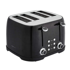 Amazon Basics 4-Slot Toaster front view showing sleek black design and even toasting.