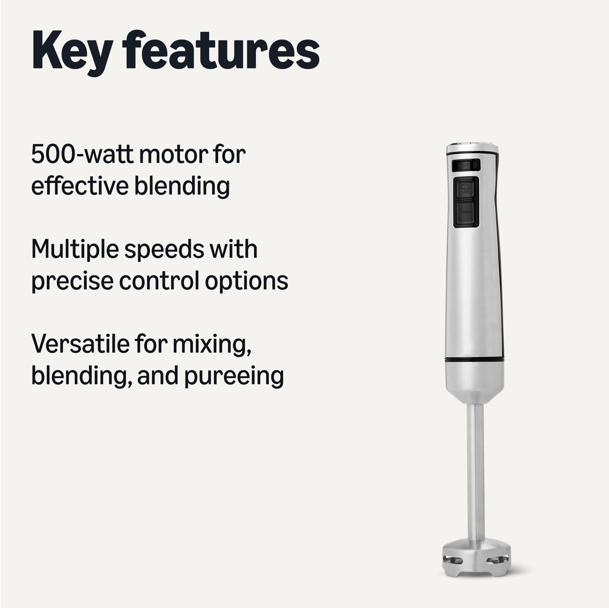 Amazon Basics 500W immersion blender detachable blade for easy cleaning and storage.