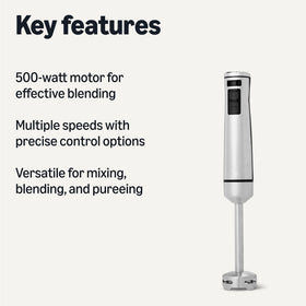 Amazon Basics 500W immersion blender detachable blade for easy cleaning and storage.