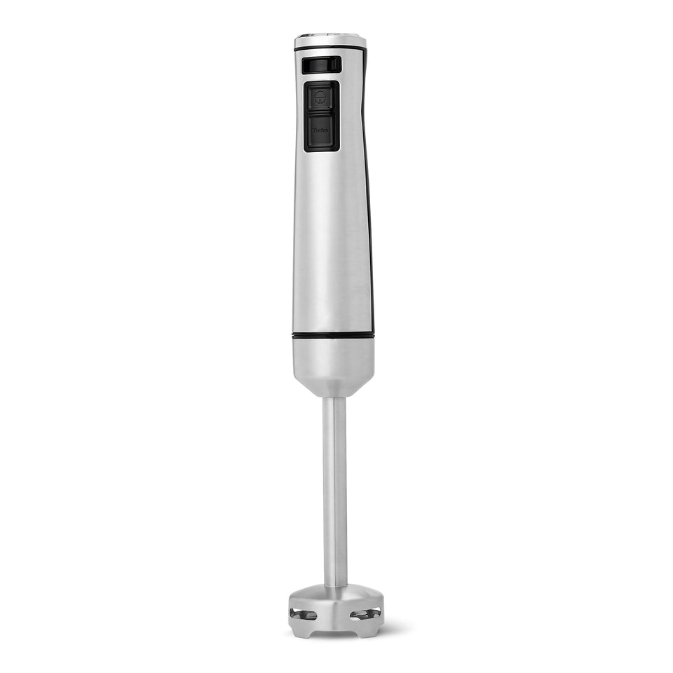 Amazon Basics 500W immersion blender pouring directly from pot for smooth sauces.