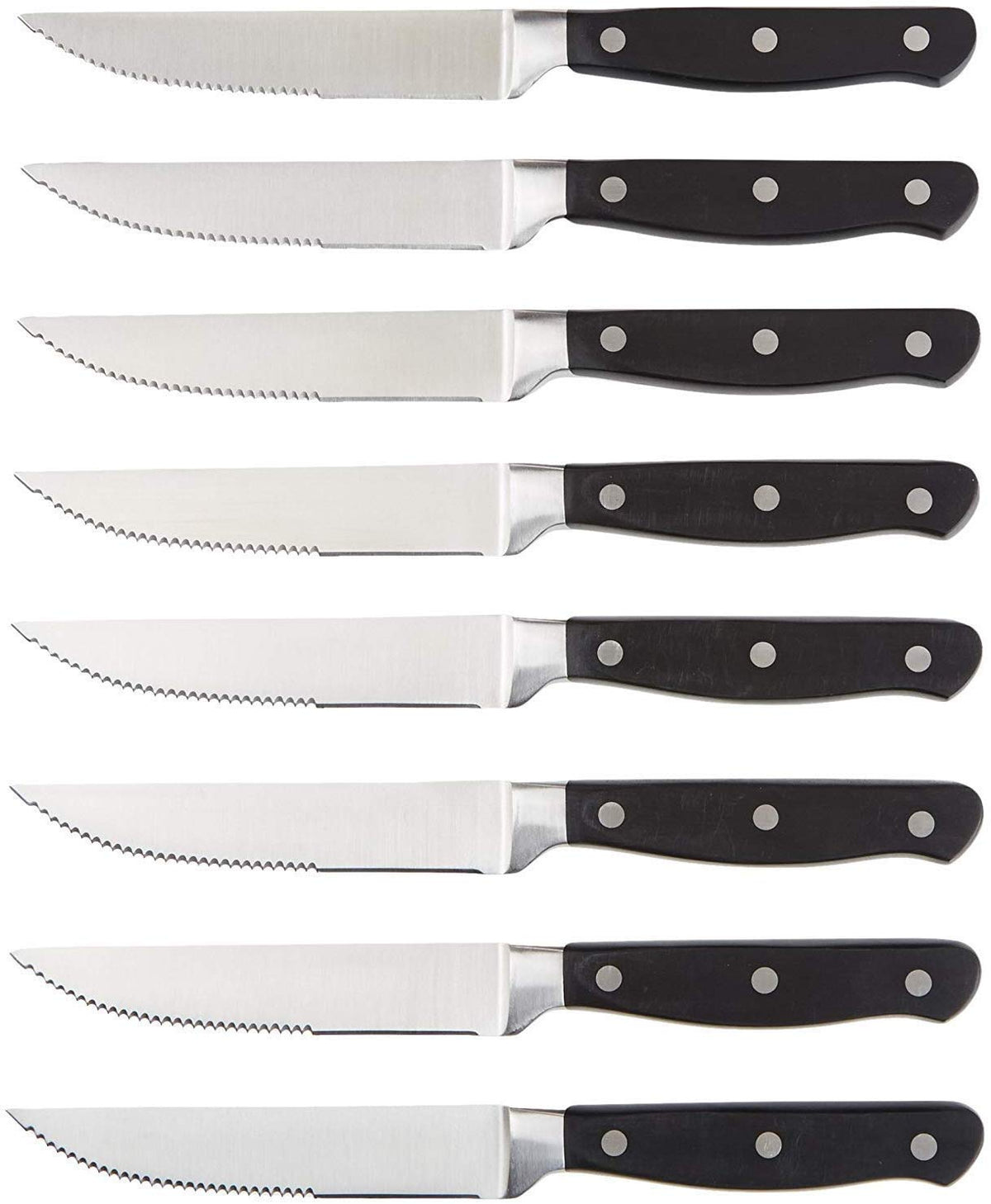 Amazon Basics 8-piece steak knife set with full-tang black handle for balanced table cutting.