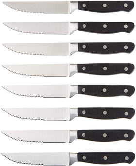 Amazon Basics 8-piece steak knife set with full-tang black handle for balanced table cutting.
