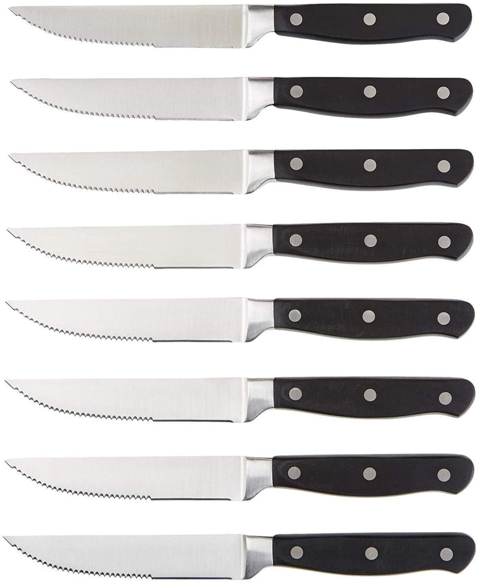 Amazon Basics 8-piece steak knife set with full-tang black handle for balanced table cutting.