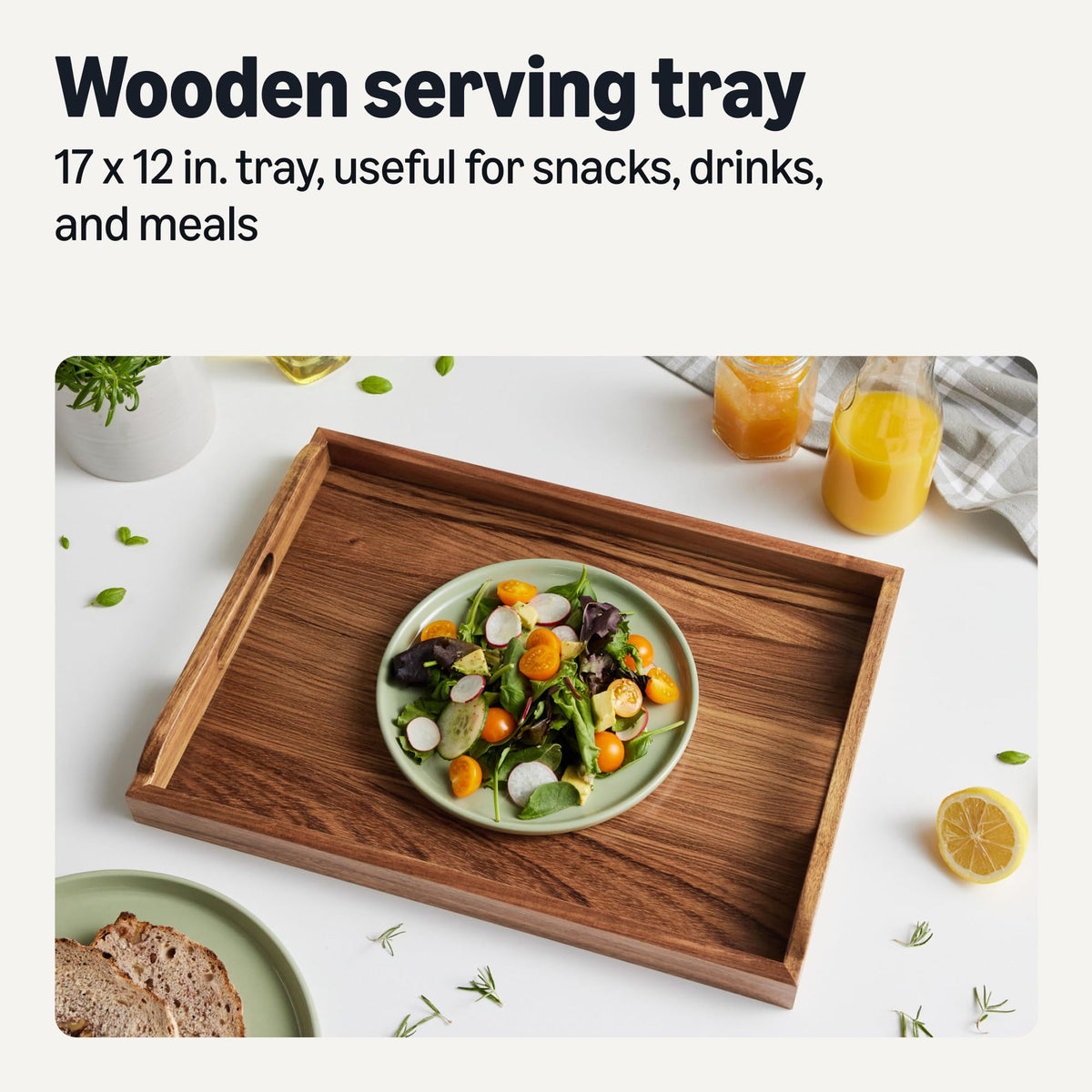 Amazon Basics acacia wood tray close-up shows natural grain and durability