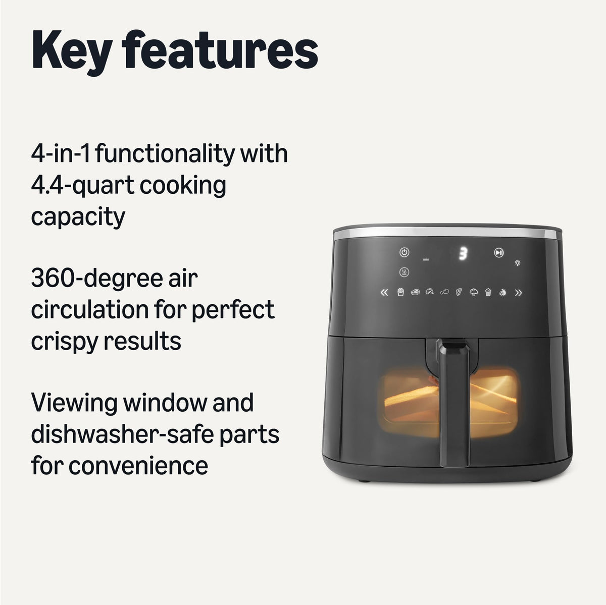 Amazon Basics air fryer with 8 presets for quick, consistent results.