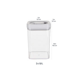 Amazon Basics 1.2-quart container showcases stackable design for compact storage.