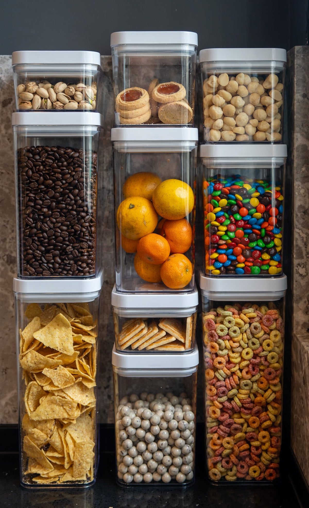 Amazon Basics airtight container with twist lid in 2.5-quart size keeps flour and cereal organized.