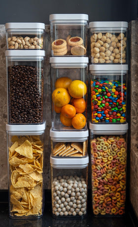 Amazon Basics airtight container with twist lid in 2.5-quart size keeps flour and cereal organized.