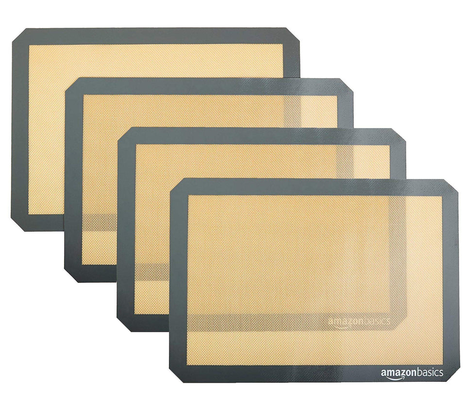 Amazon Basics baking mat 4-pack showing non-stick surface for easy, oil-free baking.