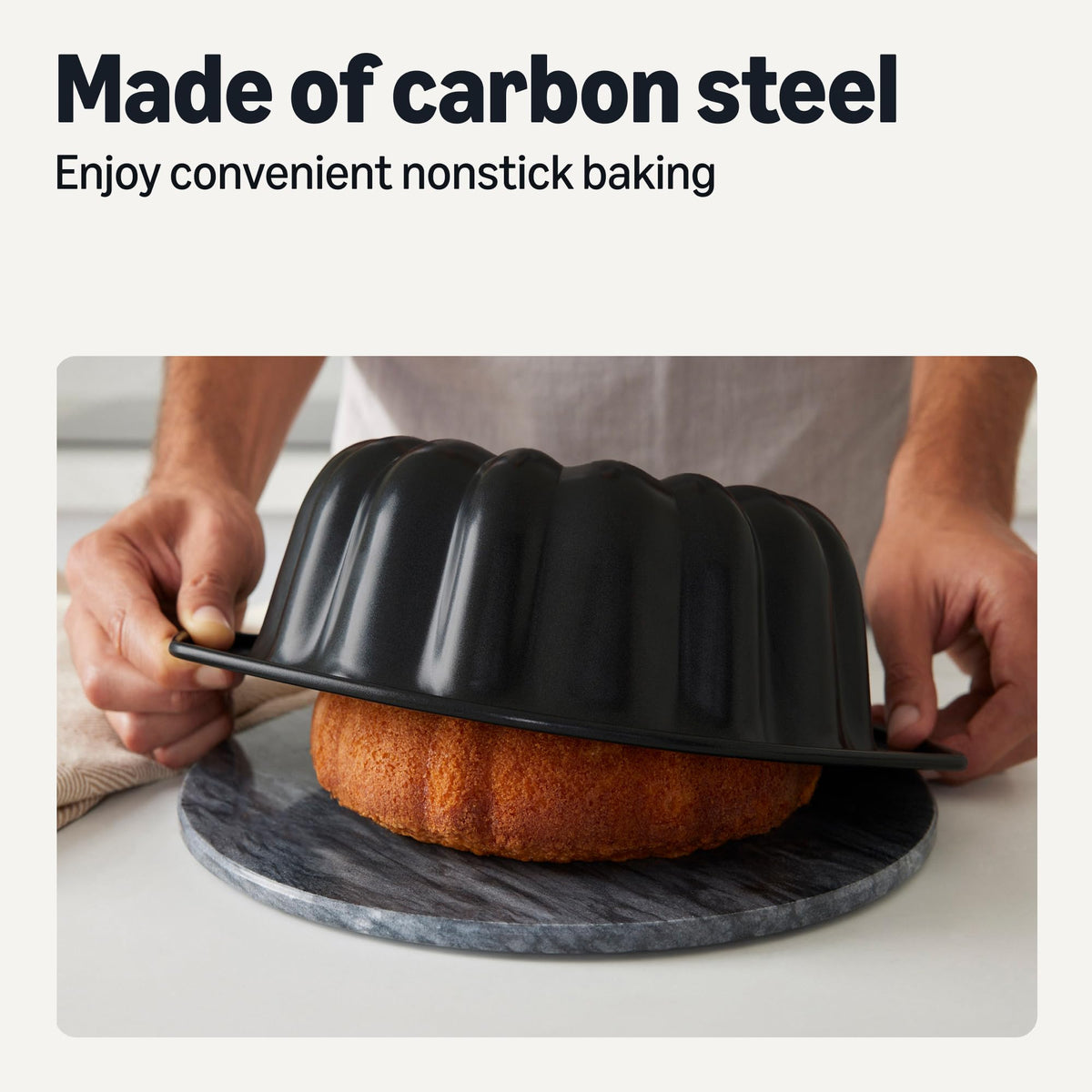 Amazon Basics Bundt pan with nonstick coating for quick cake release.