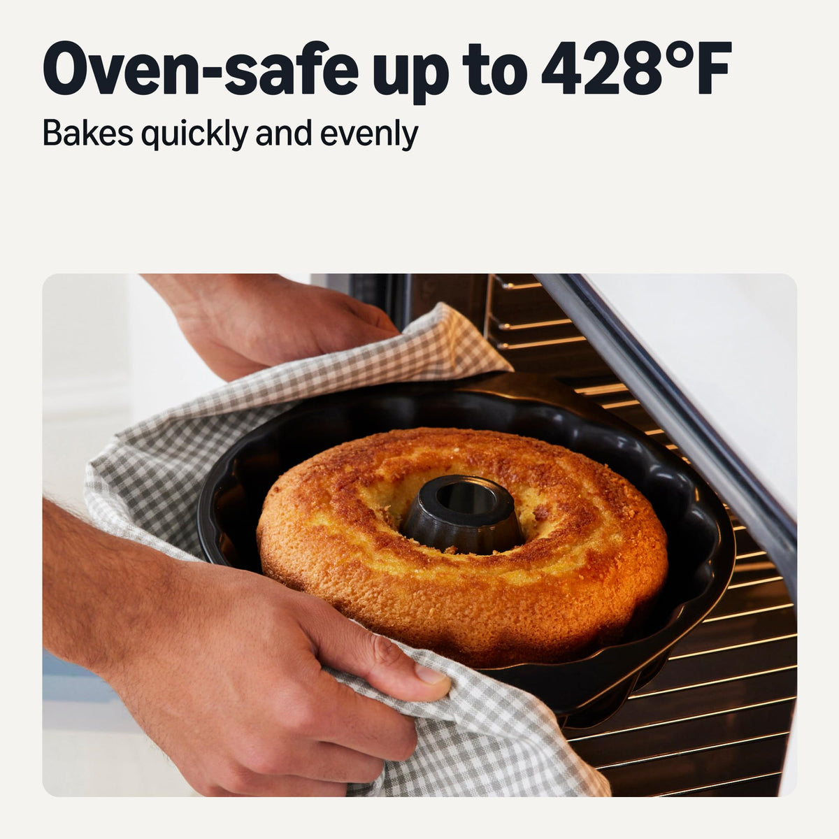 Amazon Basics Bundt pan side handles for safe oven transfer.