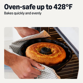 Amazon Basics Bundt pan side handles for safe oven transfer.