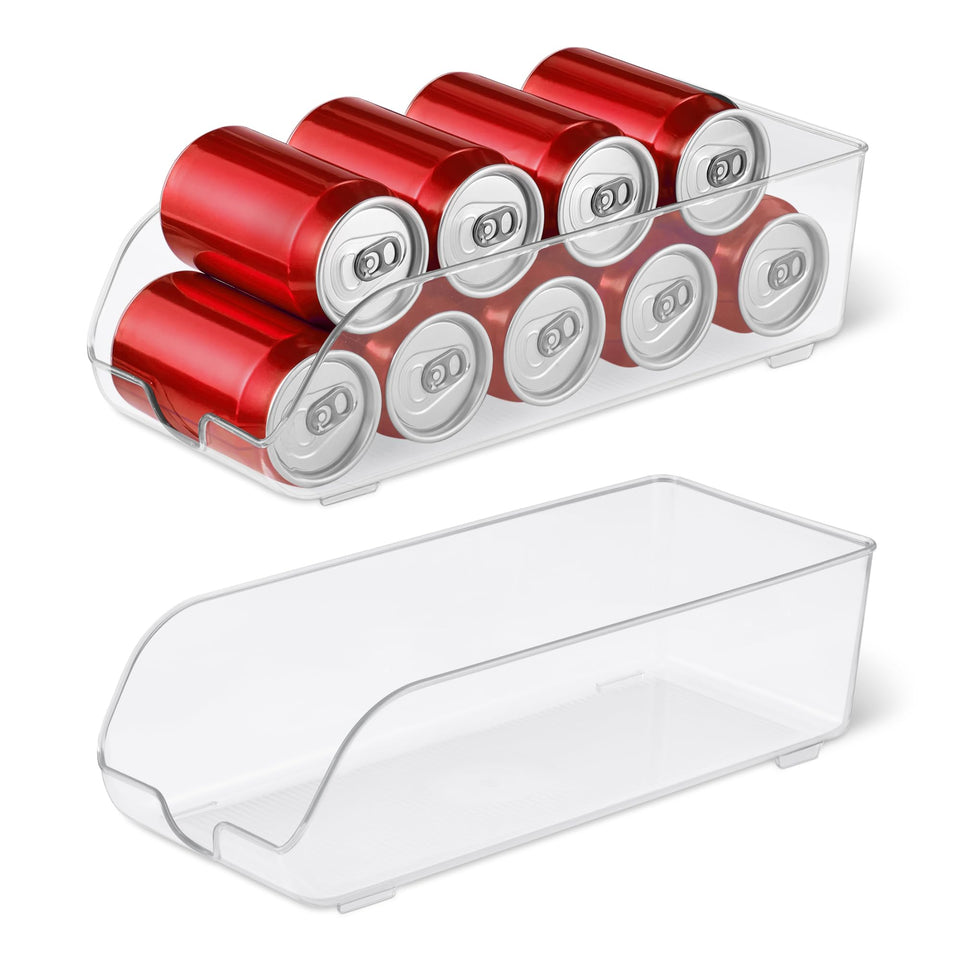 Amazon Basics can organizer in fridge with transparent sides for quick viewing.