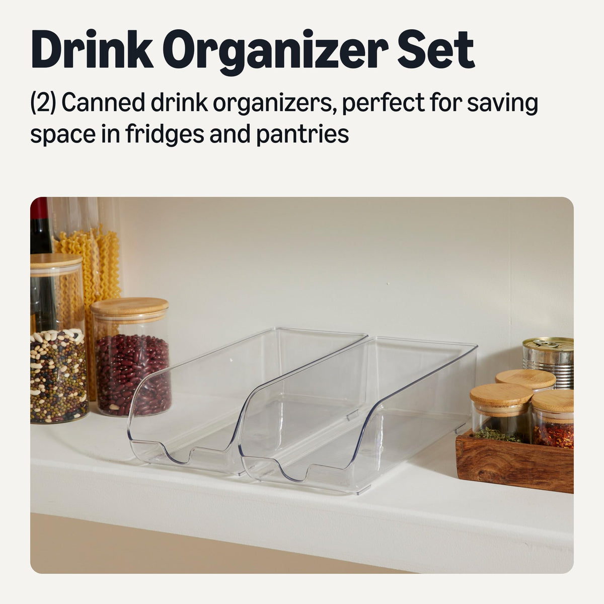 Amazon Basics self-dispensing can organizer for easy beverage access.