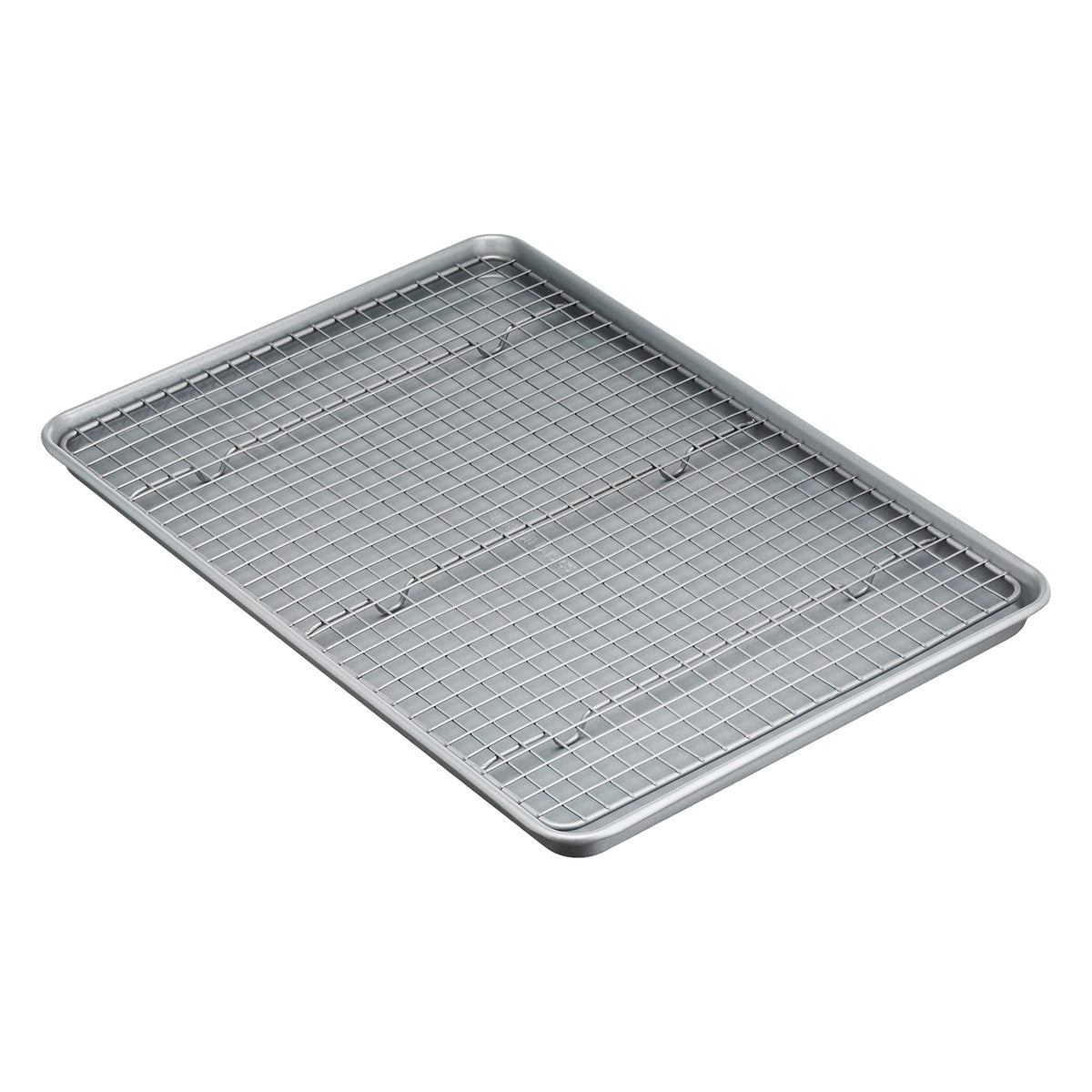 Amazon Basics ceramic nonstick baking sheet front view highlights easy food release