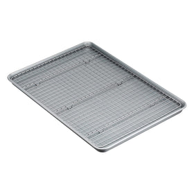Amazon Basics ceramic nonstick baking sheet front view highlights easy food release