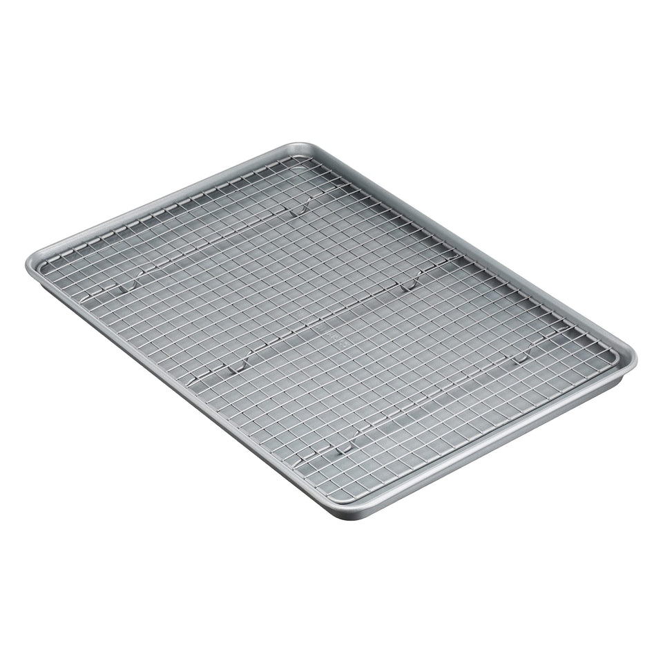 Amazon Basics ceramic nonstick baking sheet front view highlights easy food release