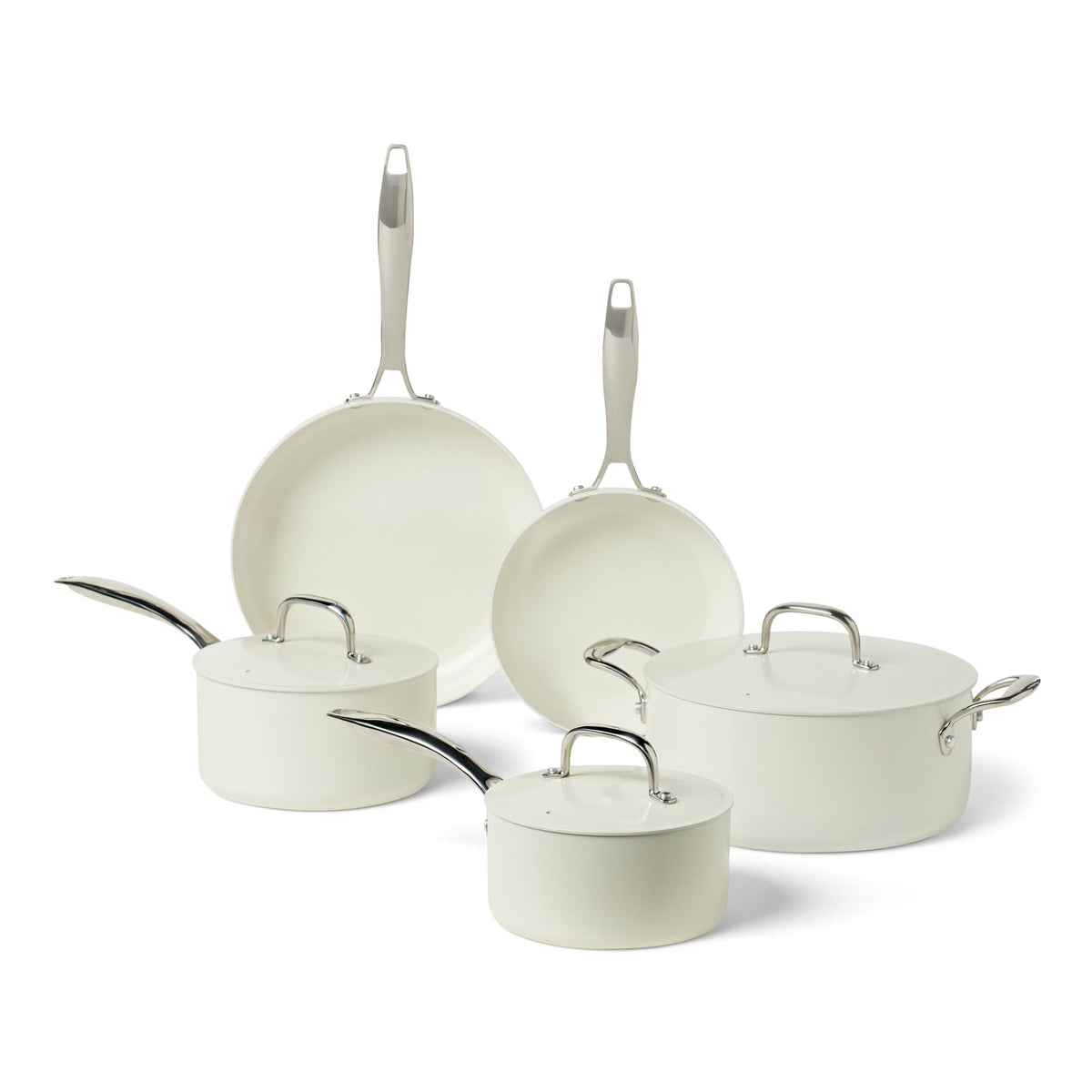Amazon Basics ceramic nonstick 8-piece set displayed together for versatile home cooking and easy cleanup.