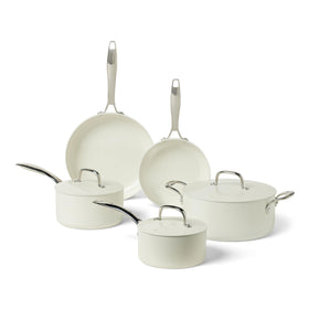 Amazon Basics ceramic nonstick 8-piece set displayed together for versatile home cooking and easy cleanup.
