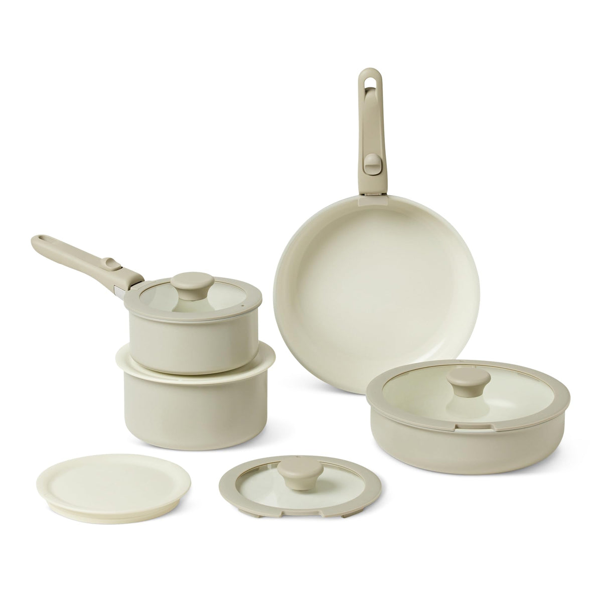 Amazon Basics ceramic nonstick set with detachable handles for clutter-free storage