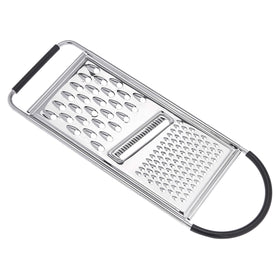 Amazon Basics cheese grater with handle shows a sturdy non-slip grip for easy grating.