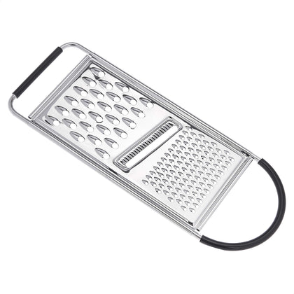 Amazon Basics cheese grater with handle shows a sturdy non-slip grip for easy grating.