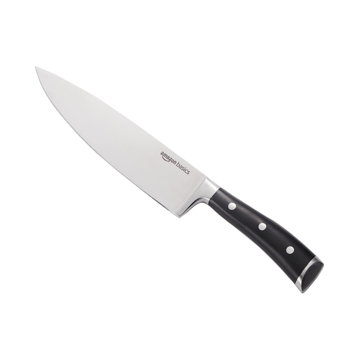 Amazon Basics 8-inch chef knife blade close-up with satin finish and rust resistance