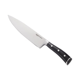 Amazon Basics 8-inch chef knife blade close-up with satin finish and rust resistance
