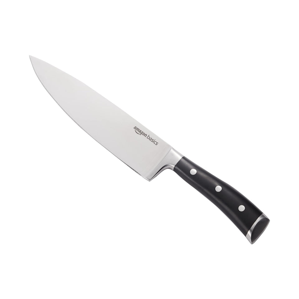 Amazon Basics 8-inch chef knife blade close-up with satin finish and rust resistance