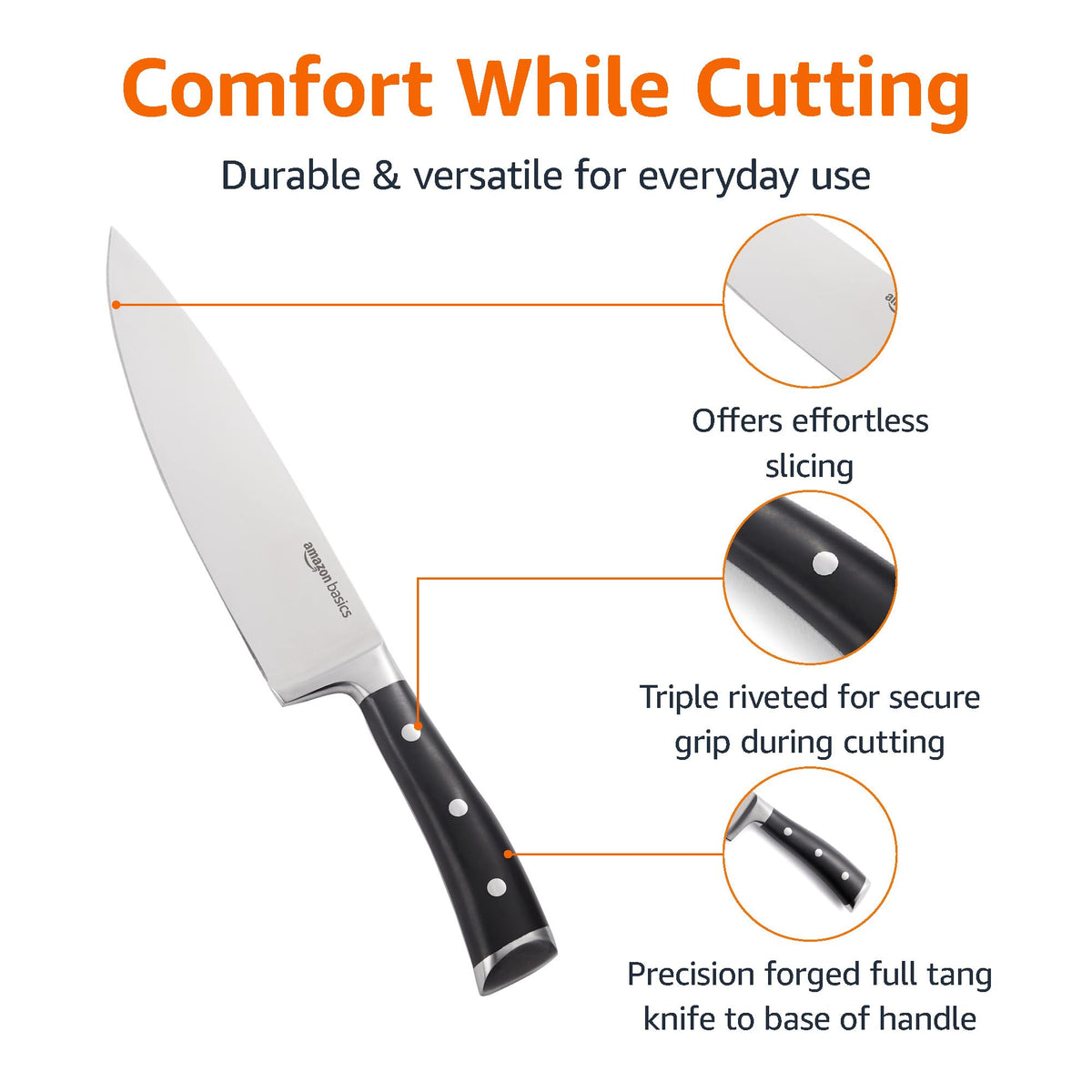 Amazon Basics knife showing full tang and three rivets for strength and balance