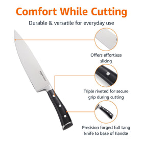 Amazon Basics knife showing full tang and three rivets for strength and balance