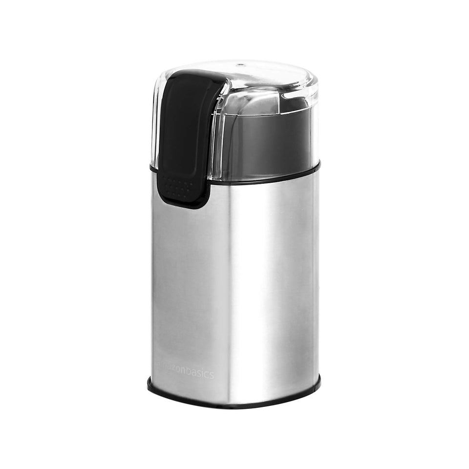 Amazon Basics coffee grinder with a clear lid for easy viewing during grinding
