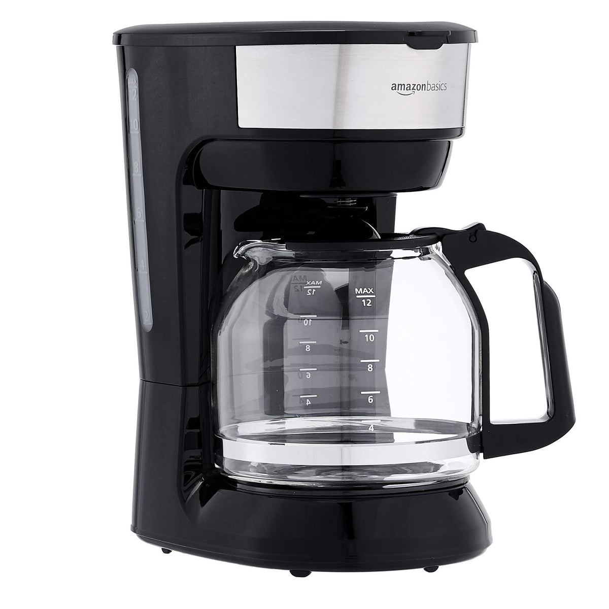 Amazon Basics coffee maker 12-cup brew demonstrates space-saving design for small kitchens.