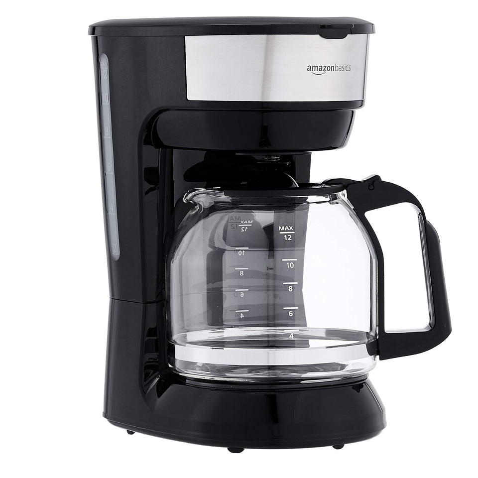 Amazon Basics coffee maker 12-cup brew demonstrates space-saving design for small kitchens.
