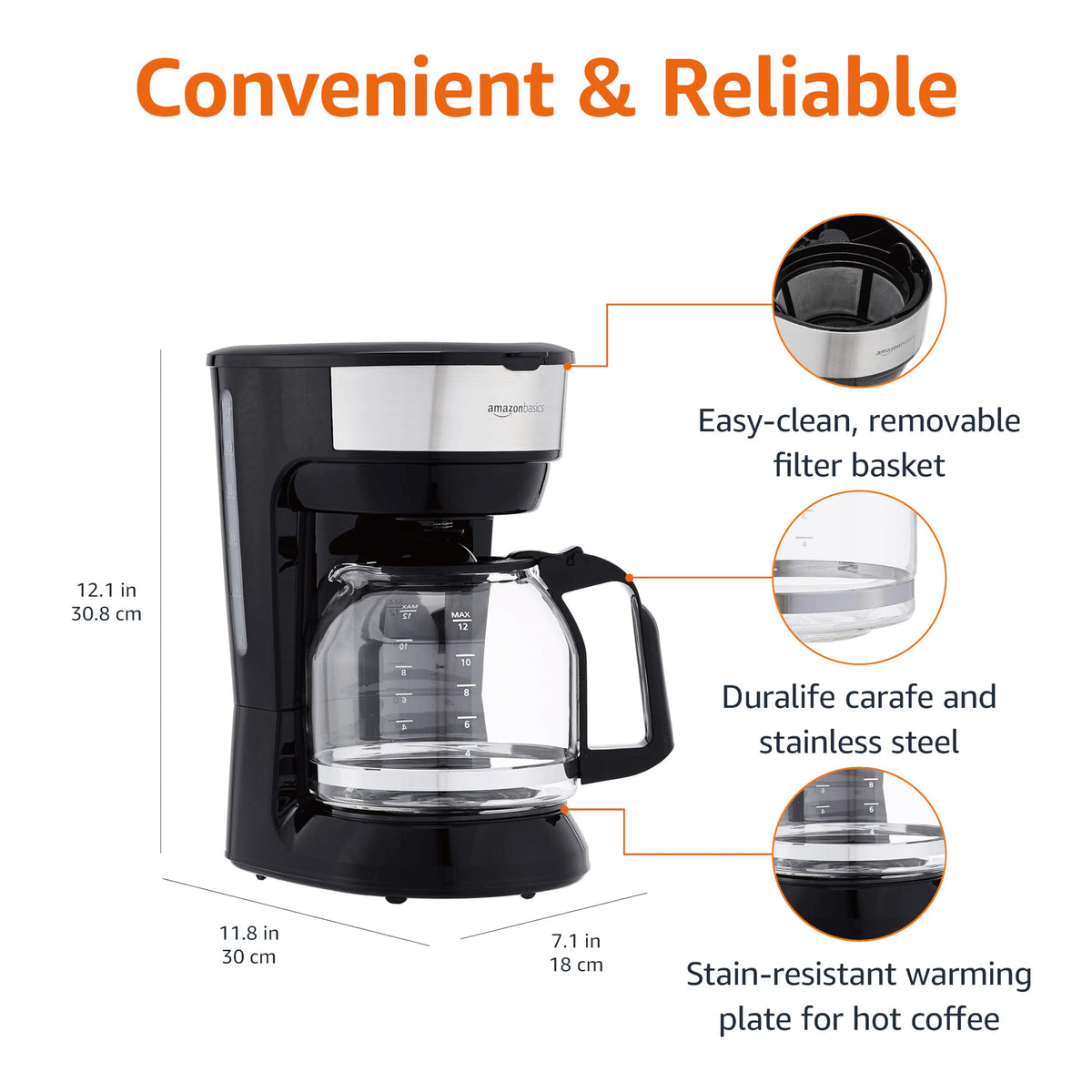 Amazon Basics stainless steel coffee pot shows durable carafe for everyday use.