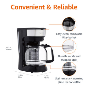 Amazon Basics stainless steel coffee pot shows durable carafe for everyday use.