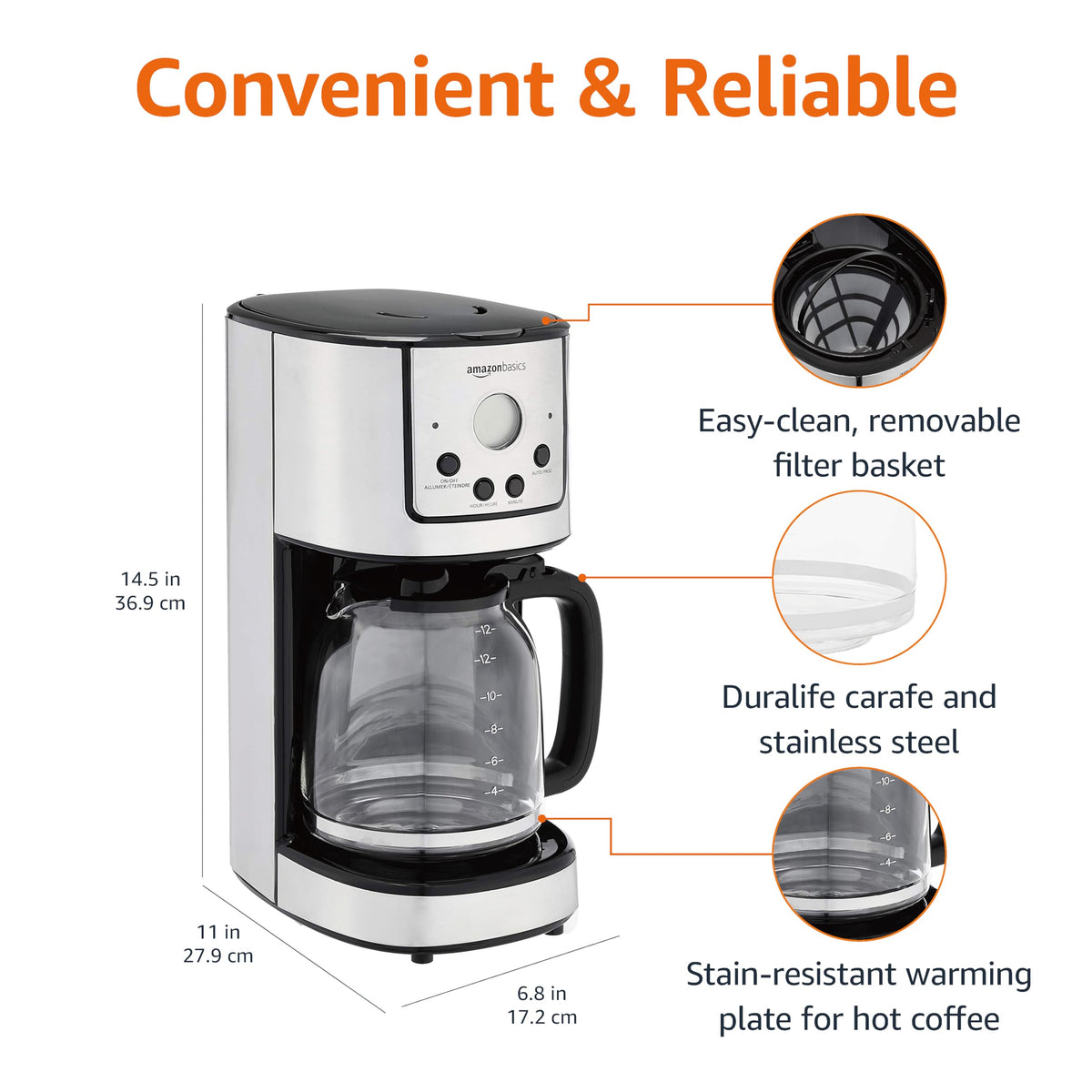 Amazon Basics coffeemaker digital timer enables automatic brewing