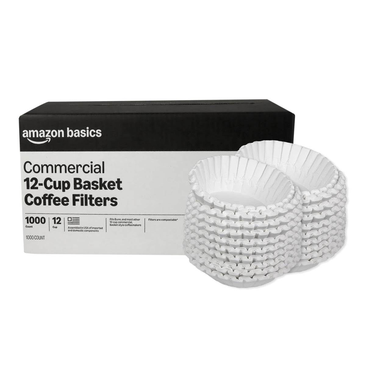 Amazon Basics commercial basket coffee filters in box, ideal for high-volume coffee service.