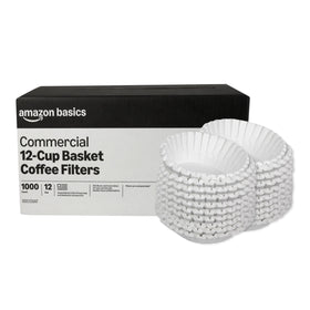 Amazon Basics commercial basket coffee filters in box, ideal for high-volume coffee service.
