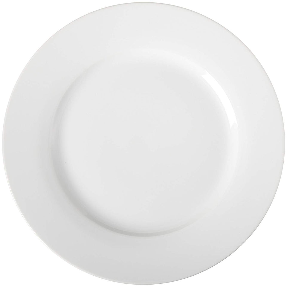 Amazon Basics white dinner plate, 10.5 inches, ideal for everyday meals.