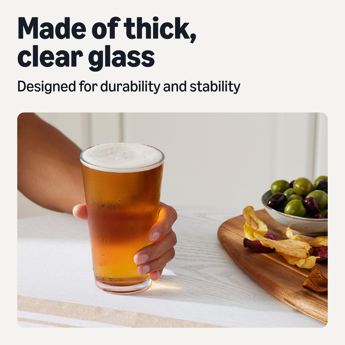 Amazon Basics dishwasher-safe pint glasses ready for easy cleanup.