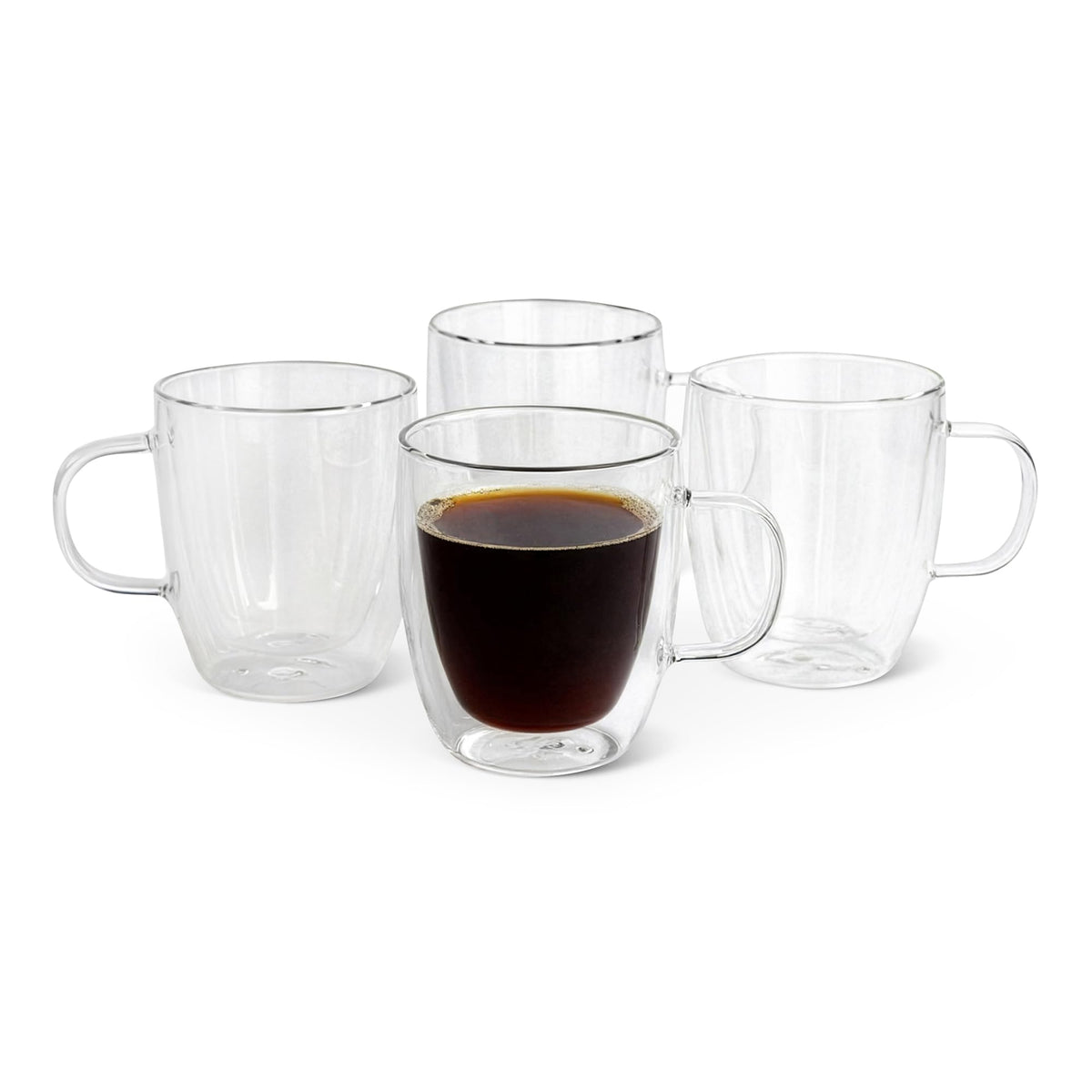 Amazon Basics double-walled glass mug 12oz in use, temperature-retaining design for hot drinks