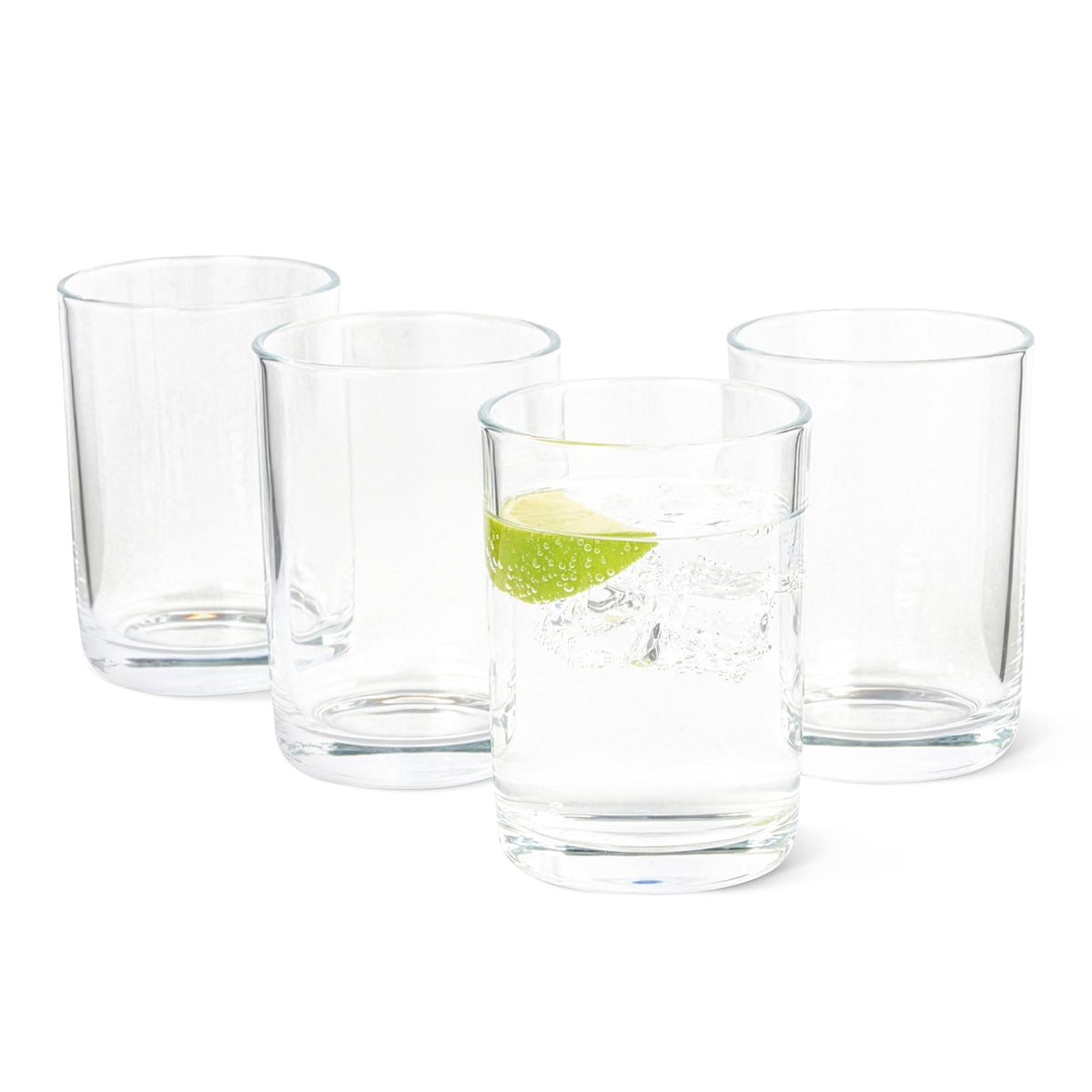 Amazon Basics 11 oz drinking glasses front view, durable four-piece set for everyday beverages
