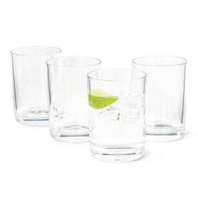 Amazon Basics 11 oz drinking glasses front view, durable four-piece set for everyday beverages