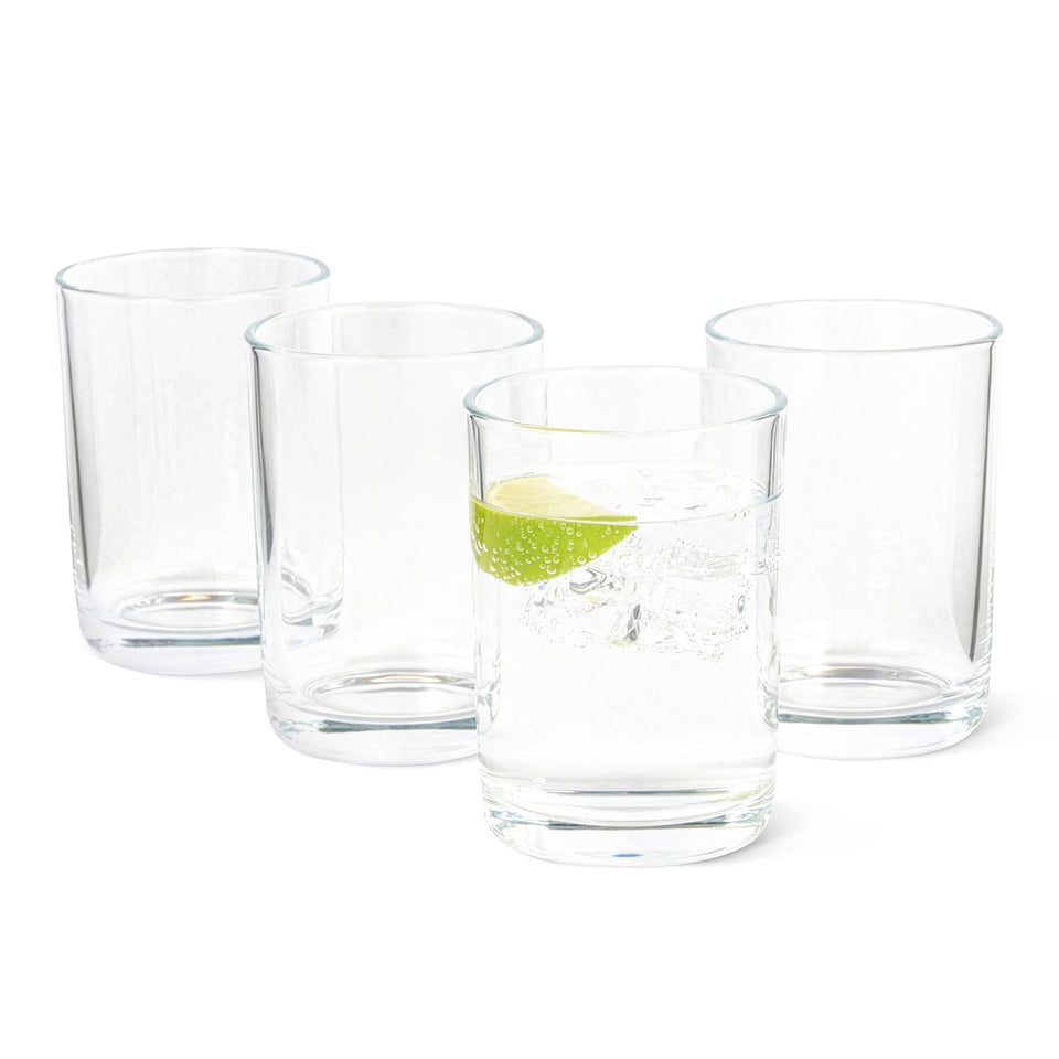 Amazon Basics 11 oz drinking glasses front view, durable four-piece set for everyday beverages