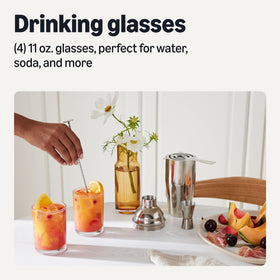 Amazon Basics glasses side view, comfortable grip for easy handling during meals