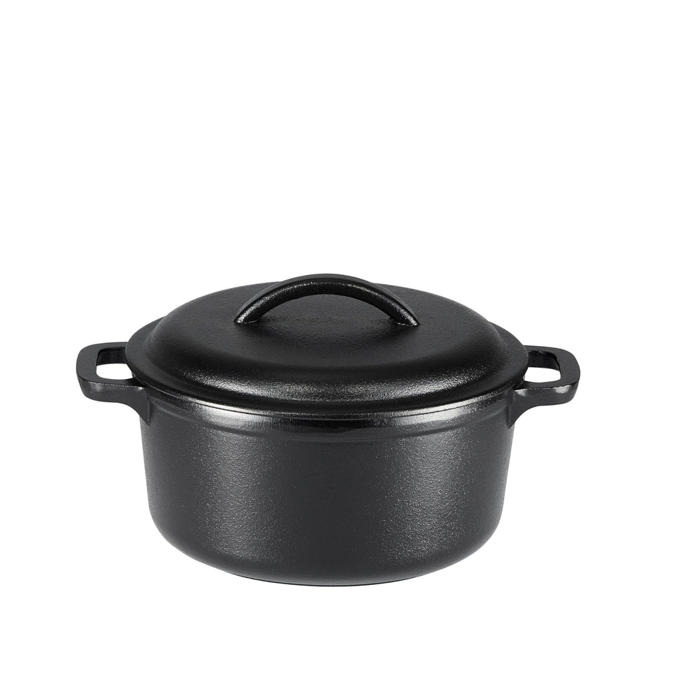 Amazon Basics mini cast iron Dutch oven with dual handles and lid for even heating.