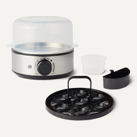 Amazon Basics egg cooker includes a poaching tray and egg holder for versatile options.