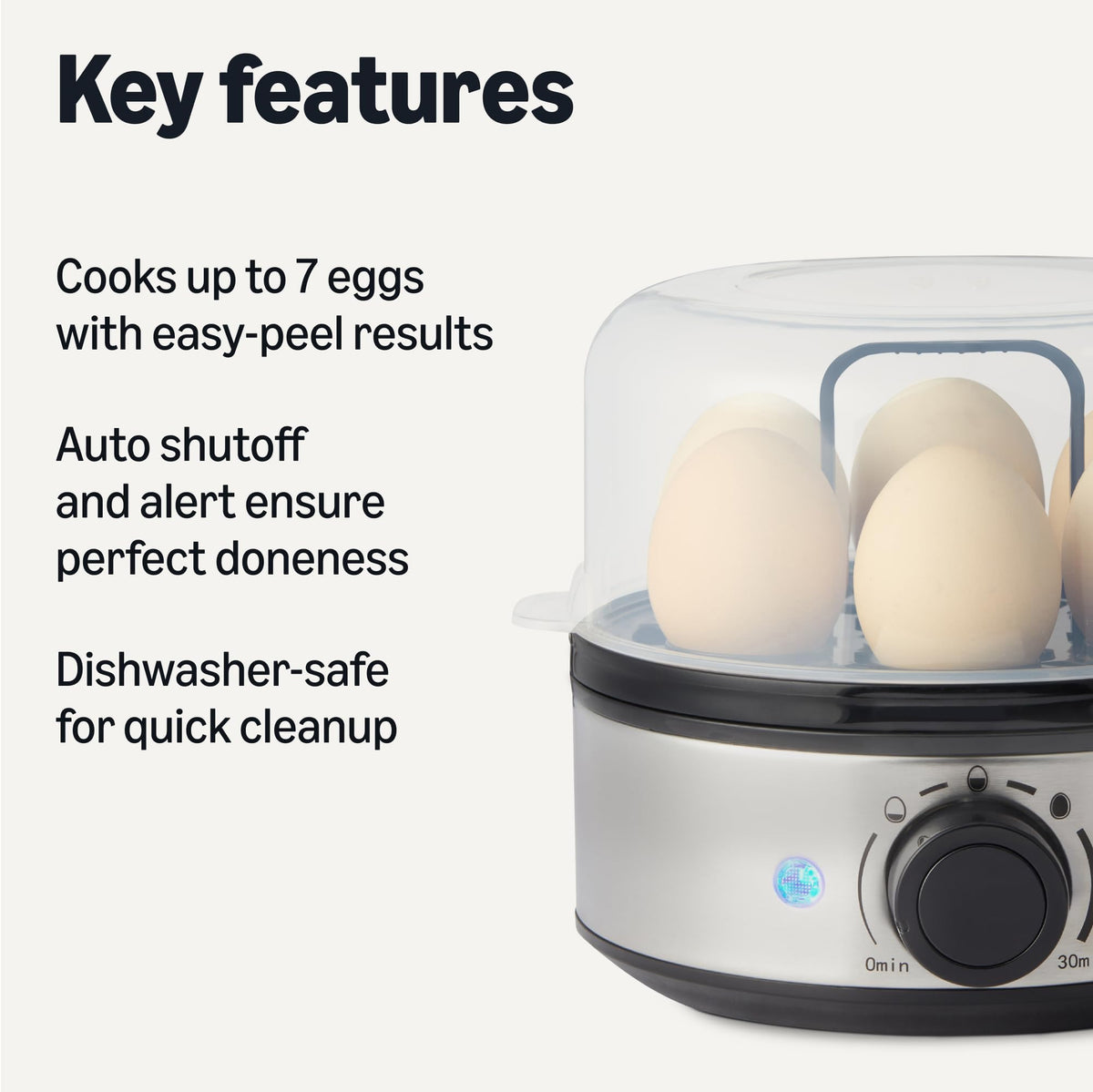 Amazon Basics egg cooker highlights auto shutoff for safe, unattended boiling.